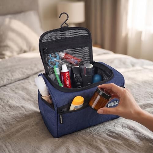 Image of Wooum Travel Toiletry Bag for Men | Water-Resistant Bathroom Organizer with Hook | Compact Khadi Fabric Dopp Kit with Zipper & Mesh Pockets - Ideal for Travel, Gym & Daily Use