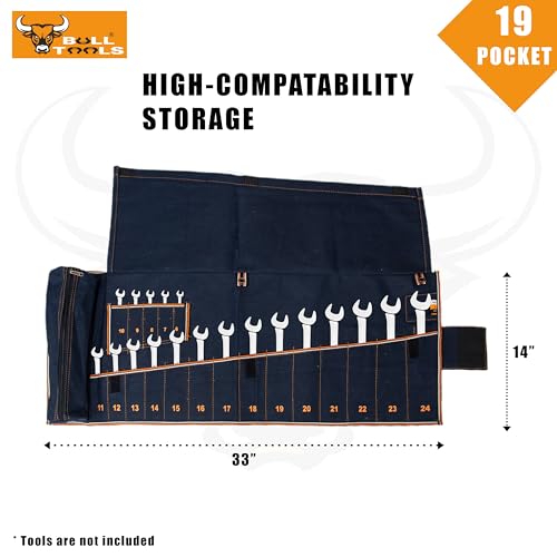 Image of BULL TOOLS Metric Ratcheting Wrench Set (6-32mm), 19-Pocket Roll, with Zip Pouch, Made from Durable Recycled Cotton Canvas for Mechanics, DIYers, and Home Use - Navy Blue