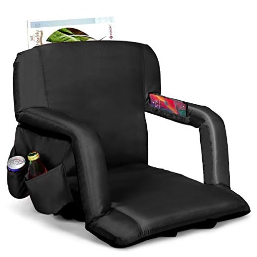 Goplus Foldable Stadium Seat, Portable Reclining Bleacher Chair with Armrest, 5 Adjustable Angles of Back Support, Side Pockets, Ideal for Sporting Events, Beached, Camping (Black)
