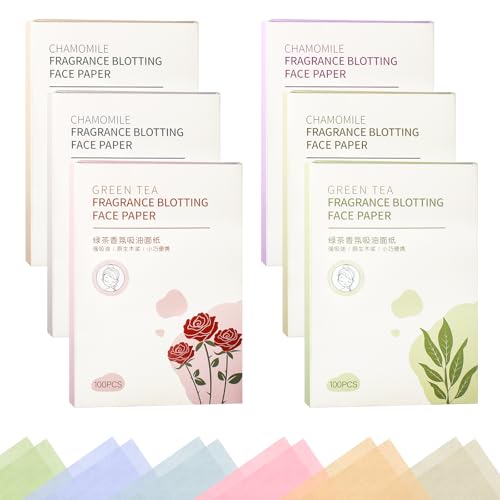600 hojas de papel secante facial para pieles grasas, hojas de aceite cosmético para cara, 6 hojas absorbentes de aceite aromáticas, adecuadas para todos los tipos de piel, tamaño portátil, 9 x 6 cm