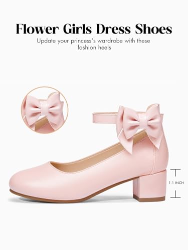 Image of Coutgo Girls Dress Shoes Flower Girl Bow Chunky Heels Closed Toe Ankle Strap Pumps Wedding Party Princess Shoes