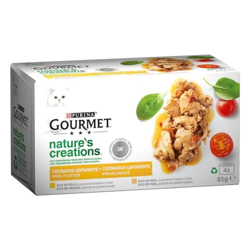 Purina Gourmet Nature's Creation comida húmeda para gatos con pollo y pavo, 4 latas de 85 g