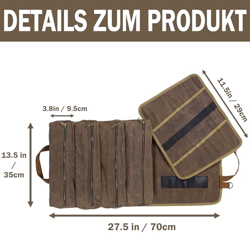 Tool Storage Roll | Multifunctional Tool Carrier Bag (4 Pockets & 1 Detachable Roll), 16OZ Waxed Canvas Roll Up Tool Bag - for Hammer Wrench Set Wire Stripper Chisel | 70x35 CM | Grey - Image 2