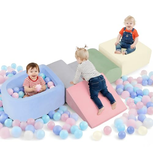 Image of whiffee Foam Climbing Blocks for Toddler, Toddler Climbing Toys Indoor, Kid Baby Climbing Toys Blocks with Ball Pit for Baby, Soft Play Set Playground (Balls not Included) (5-Color)