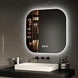 EMKE Badkamer Spiegel met Verlichting 60x60 cm, Anti-condens, 3 Instelbare Lichtkleuren, Dimbaar, Geheugenfunctie, Energiezuinig, LED Vierkante Spiegel