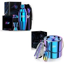 IOV Cocktail Shaker and Ice Bucket Set, 24 oz Martini Shaker with Built-in Strainer, 3 L Stainless Steel Double Wall Ice Bucket with Lid, Scoop, Tongs, and Strainer