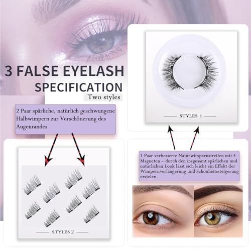 Magnetische Wimpern, Magnet Wimpern Ohne Eyeliner, Streifen & Halbwimpern Styles Magnet Wimpern Natürlicher Look,4-Magnet Upgrade Mit Applikator Kein Kleber erforderlich, Chlffua Geschenkbox