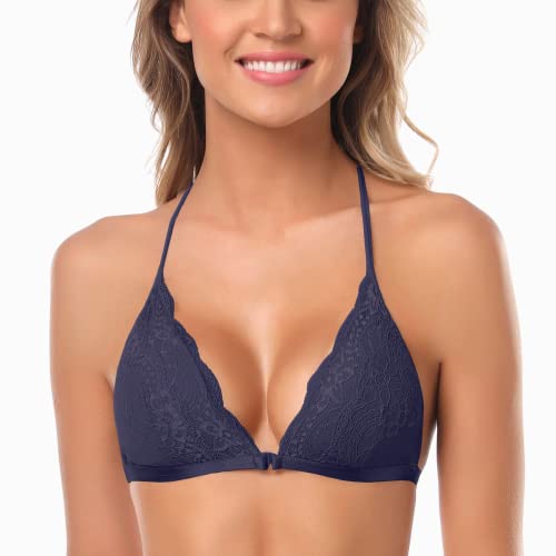 Image of SHEKINI Women's Lace Bra Wireless Padded Triangle Bralettes for Women Front Closure Halter Bras for Women