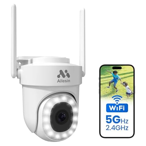 Allesin 5G WiFi Security Camera Outdoor, 360°Pan-Tilt View 4MP Cameras for Home Security with 14LEDs Spotlight Color Night Vision, IP65, AI Human Detection, 2-Way Talk, Cloud/SD Storage, White Cover