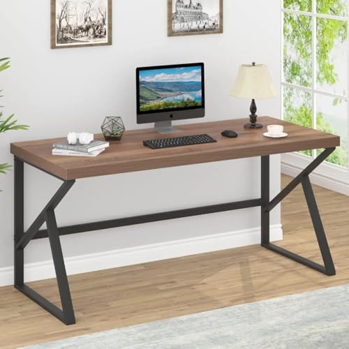 Image of Modern Industrial Study Table for Home & Office | Wooden Computer Desk with Strong Metal Frame | Writing Desk | Office Table | Rustic Brown | 120 x 60 x 75 cm