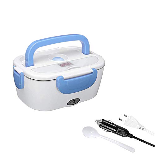 Térmico Lunch Box 2 in 1 Fiambrera Eléctrica Calentador de Comida Electrico con Bandeja Extraíble de Acero Inoxidable para automóvil 12V, familia 220V 40W(Azul)