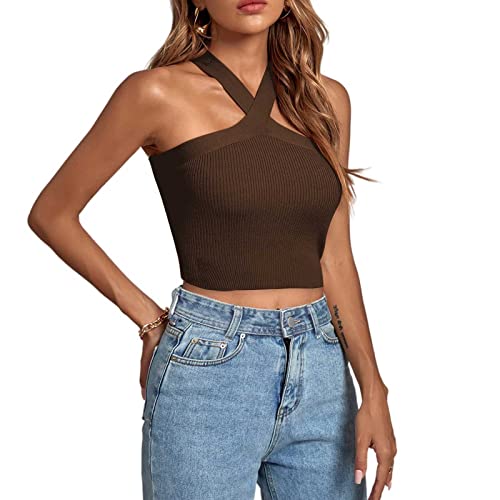 Womens Ribbed Halter Neck Tank Top Summer Sexy Navel Crop Tops Basic Solid Color Beach Cami Tops3