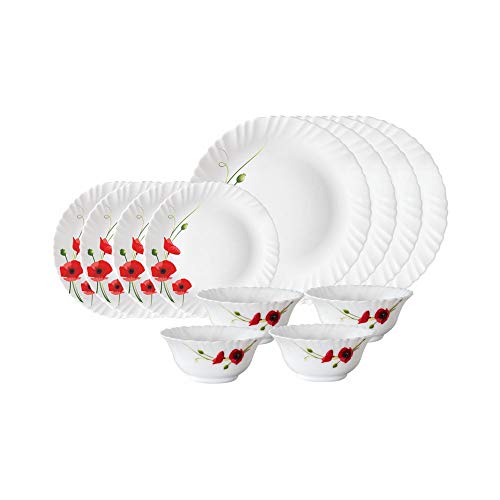 Larah by Borosil Red Carnation Opalware Dinner Set, 12 Pieces, White