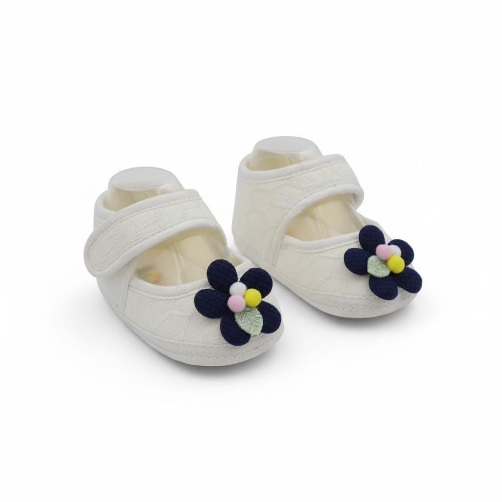 6 To 12 Months Baby Girls Cotton Floral Applique Anti-Slip Hook & Loop Sandal Booties (White,Brown)-BT19-image-43