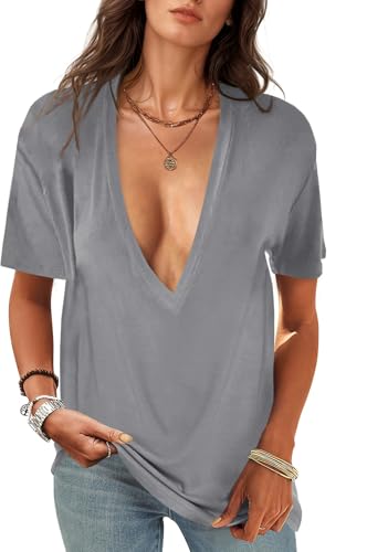 Image of UNCLECAT Womens Deep V Neck T Shirts Summer Oversized Short Sleeve Tops
