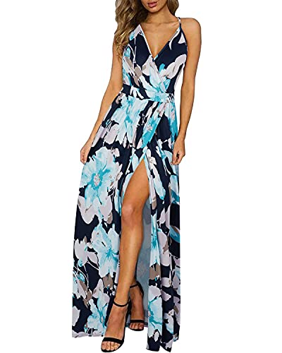 OUGES Damen Sommerkleid V-Ausschnitt Maxikleid Rückenfreies High Waist Spaghetti Strap Freizeitkleid Lang Split Kleider(Floral13,XL)