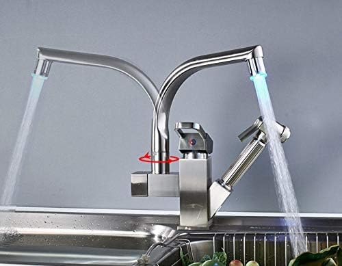 Robinet de cuisine double bec fini nickel brossé avec flexible eau chaude