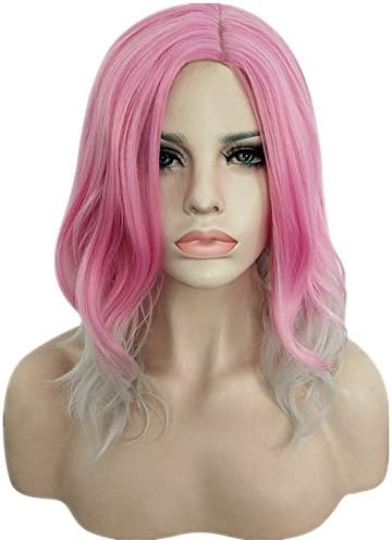 AneShe 14 Inches Women Girls Short Pink Ombre Wavy Wig Synthetic Hair Wig With Parted Bangs (Pink/Grey)