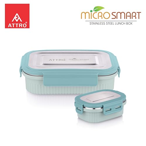Image of ATTRO Micro Smart Stainless Steel Lunch Box with Inner Steel Body, Microwave Safe Without Lid, Airtight Leakproof with Small Container for Office, School Kids & Outdoor Use - 800ml+180ml-Green