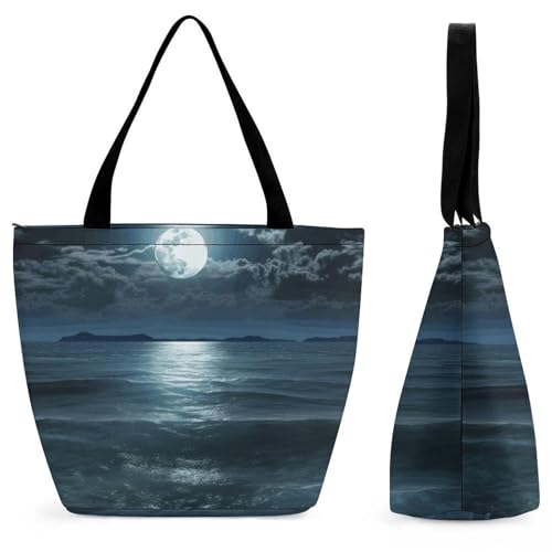 Sac fourre-tout motif lune et mer en toile durable pour le shopping de tous les jours