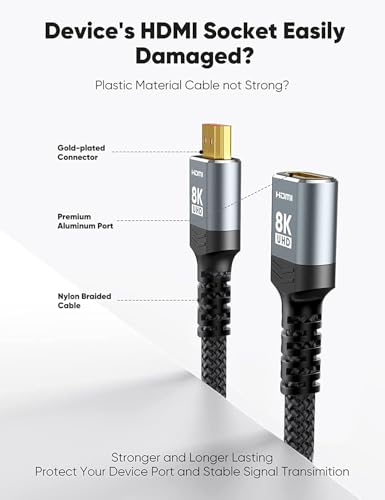 HDMI Extension Cable 8K@60Hz 4K@120Hz 144Hz HDMI 2.1 Extension Cable Plug to Socket 48Gbps UHD eARC Dynamic HDR 10+ HDCP 2.3 for TV Stick, HDTV PS4/5-0.5M