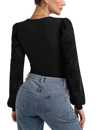 Image of PINKMSTYLE Women's Spider Web Mesh Puff Sleeves Bodysuit for Halloween