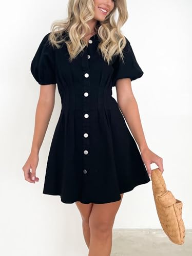 Image of Summer Denim Dress for Women Puff Sleeve Slim Fit Jean Dresses for Women