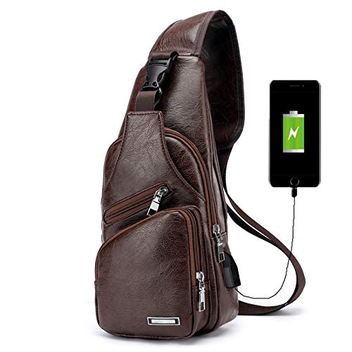 Mens Vintage Leather chest pack crossbody casual sling shoulder bag,one strap backpack -Dark Brown