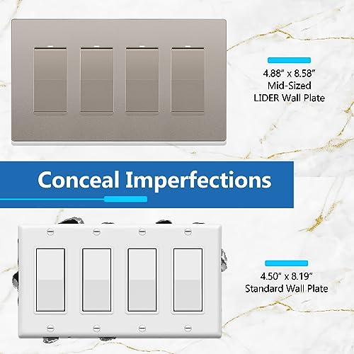 Image of LIDER Decorator Switch Cover, Screwless Wall Plate, Mid-Size 4-Gang 4.88 inch x 8.58 inch, LSWP-34M-NK, UL Listed, Thermoplastic, Matte Nickel, 1-Pack