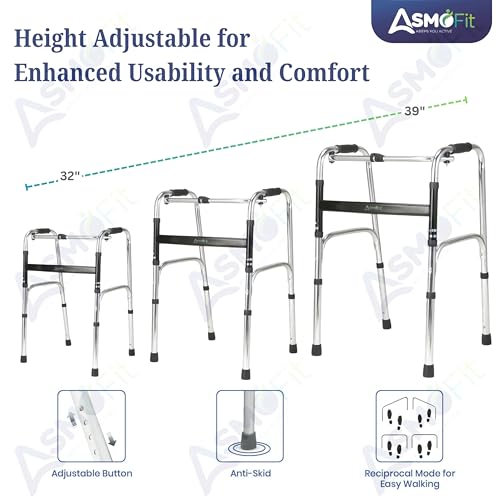 Image of Asmofit Premium Lightweight Aluminum Height Adjustable Folding Walker (Silver) | Portable Mobility Aid for Seniors, Elderly & Patients | Durable & Easy to Use Walking Support