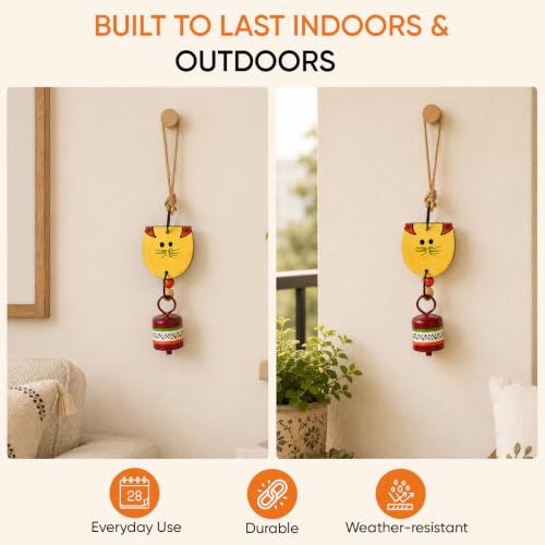 Image of Aakriti Art Creations Handpainted Wild Cat Wind Chime in Yellow & Red | Modern Art Wooden & Metal Wind Chime with Bell | Matte Decorative Wind Chimes for Balcony, Garden & Home, Living Room & Gifting