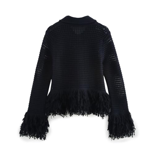Minimalist Women's Hollow Knitted Jacket French Retro Single Breasted Tassel Black Sweaters Women Tops Knitwear2