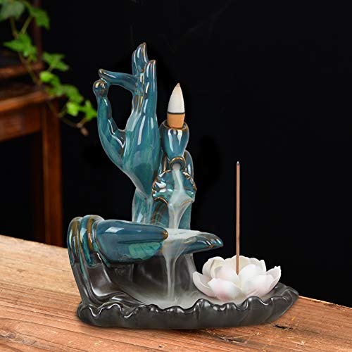 SOLEJAZZ Backflow-Incense-Burner Lotus Ceramic Incense Holder with 120 Incense Cones + 30 Incense Sticks for Home Decor Yoga Craftwork Figurine, Blue - Thumbnail 2
