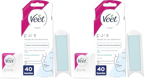 Veet Pure Bandas de Cera Fría Depilatoria para Depilación Facial Adecuado para Labio Superior (Bigote), Fórmula de Cera Hipoalergénica para Pieles Sensibles, 40 Tiras, 40, 40 unidad, 1 (Paquete de 2)