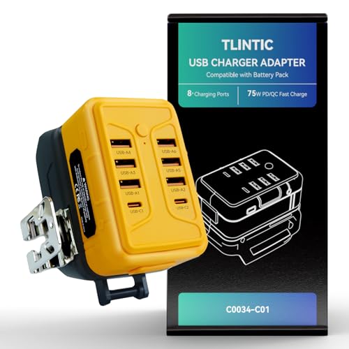 TlinTic USB Charger Adapter for DEWALT Battery - 75W 8-Charging Ports PD/QC Fast Charge for Smart Phone Tablet Laptop and More