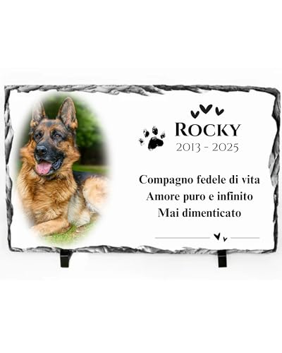 Lapide per Cani Commemorativa in Pietra Ardesia Personalizzabile con Foto, Nome, Date e Messaggio - Supporto Incluso - Resistente Esterno/Interno