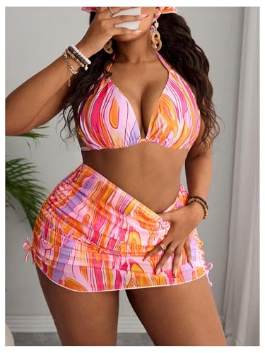 MakeMeChic Women's Plus Size Bikini Sets Graphic Print Triangle Halter Ruched Swimsuit4