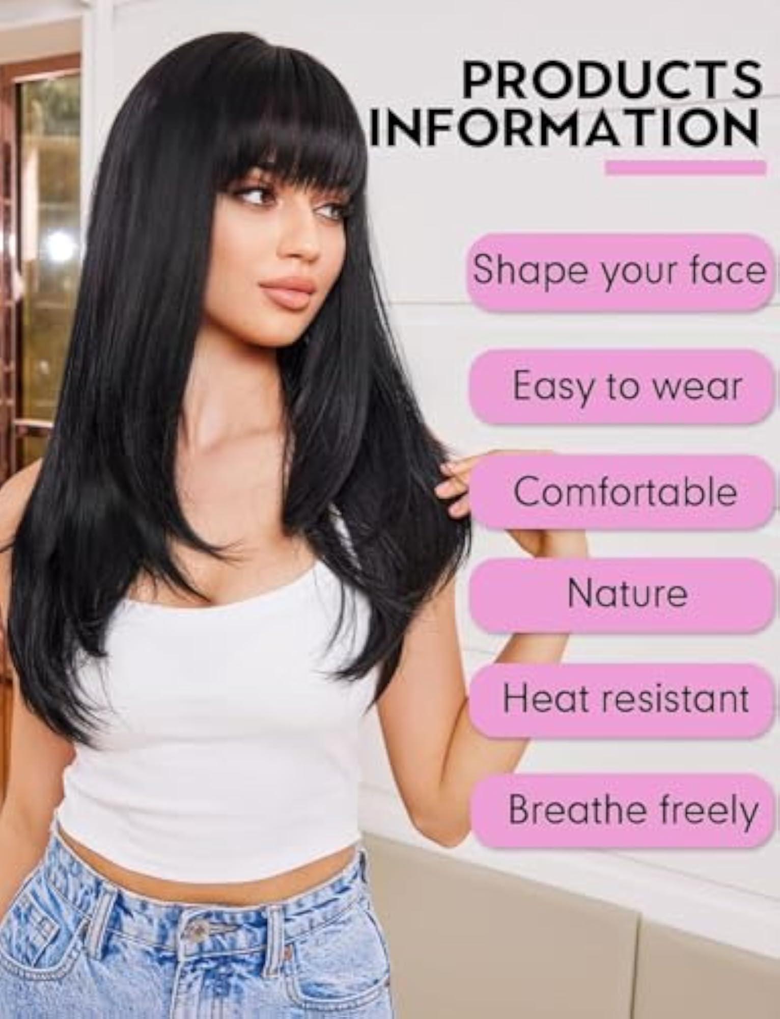 Women's 24 Inch Black Layered Straight Wig with Bangs