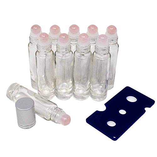 fengshuisale 10pcs Clear 10ml Empty Refillable Glass Bottles with Crystal Semiprecious Stones Essential Oil Gemstone Roller Ball Bottles with Silver Lid with Free Bag W3900 (Rose Quartz)4