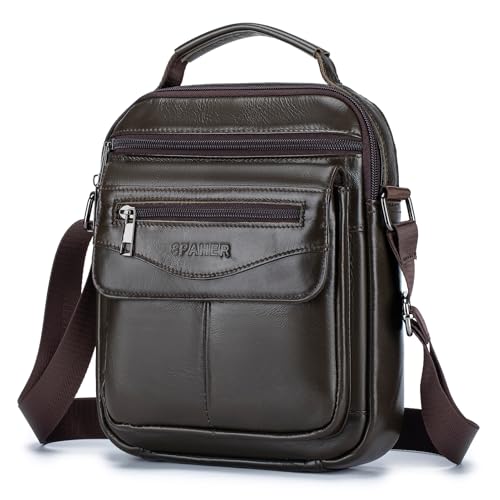 SPAHER Bandolera de Cuero Grande para Hombre - Bolso de Piel para Caballero - Mariconera de Hombre