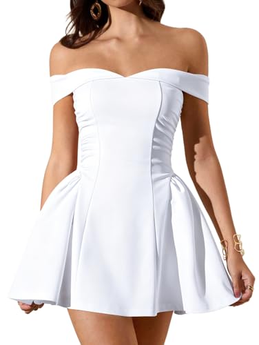 LAGSHIAN Womens Summer Classy Formal Sleeveless Off Shoulder A-line Cocktail Party Mini Dress White