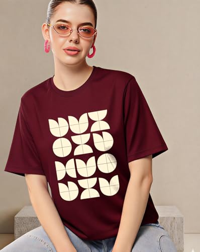 Image of Women's Typography Round Neck Cotton-Blend T-Shirts, Oversized Drop Shoulder Boho Style T-Shirt
