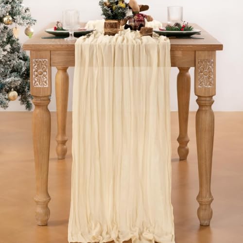 Image of MLMC Beige Cheesecloth Table Runner 10ft Cream Rustic Gauze Cheese Cloth Table Runner 35x120 Inches Sheer Cloth Centerpiece for Wedding Baby Bridal Shower Home Decor