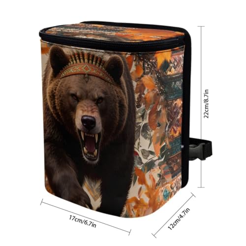 Image of Talayituse Tribal Bear Maple Print Car Trash Can Portable Auto Garbage Bin Multifunctional Vehicle Interior Accessories with Adjustable Straps Universal Fit Truck SUV Sedan Autumn Decor