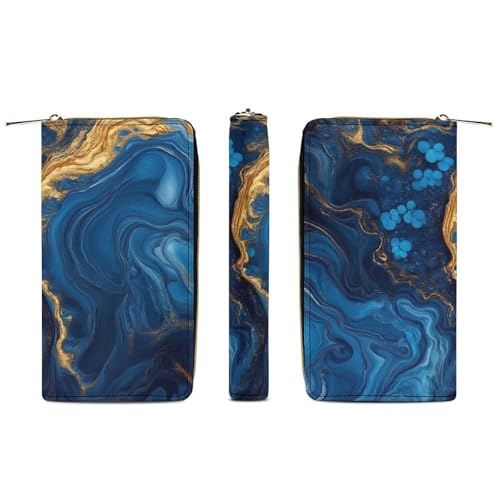 Girl's Travel Purse Fashion Design, Huge Storage Capacity Purse, Cute Decor Wallet, Long PU Zipper Wallet Luxury Marble Texture Gold And Blue3