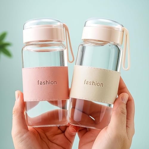 Image of SHIPHAPPENS 340 ML Mini Glass Water Bottle with Silicone Grip & Strap | Leak-Proof, BPA-Free, Reusable Bottle for Office, Travel, School, Gym & Daily Use