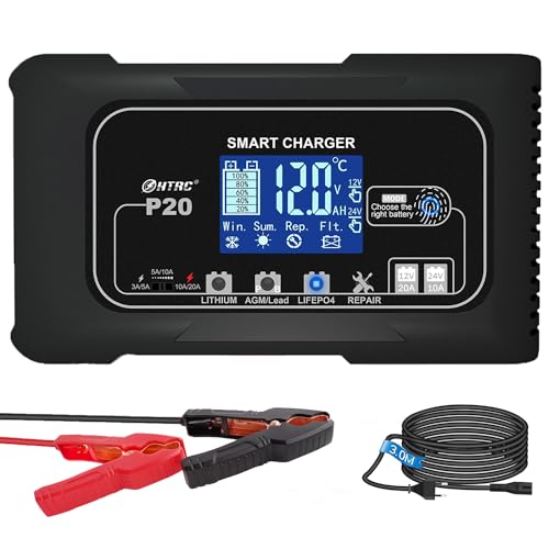 SolaMr Cargador de Batería de Coche 20A, Mantenedor Automático de Baterías de 12V y 24V con Reacondicionamiento por Pulsos para Camiones, Motocicletas, Baterías Marinas de Litio y Plomo - P20