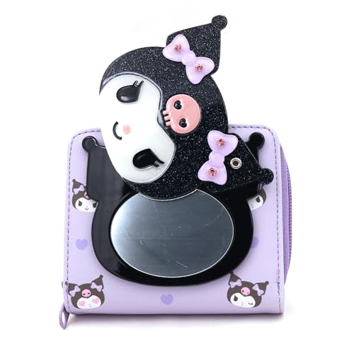 Cute Cartoon Kuromi-Rabbit Secret Mirror Lovely Violet Bifold Zip Around Vegan Leather Wallet with Cards Coin Bill Holder, Officially Licensed Character Design2