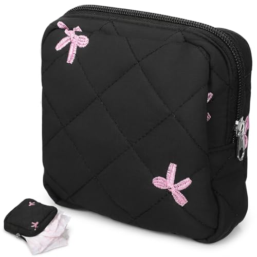 Portable Period Pouch Cute Small Period Bag for Purse Black Corduroy Sanitary Pad Pouch for Women