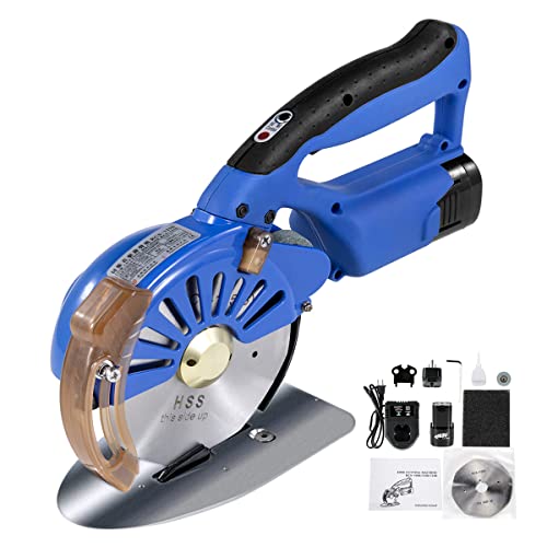 faginx Cordless Fabric Cutter Machine Adjustable Speed Hand Push Electric Rotary for Cloth with 2x16.8V 2500mAh Battery, Cut Fiber Cotton,Corrugated Paper,Silk,Leather,Woolen Material,Carpet,Blue4cm